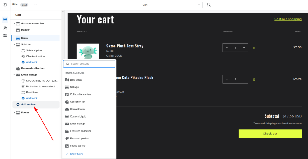 Customize cart page in Shopify