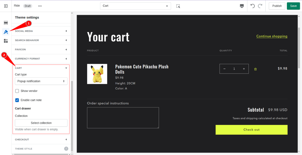 Customize cart page using Shopify theme settings