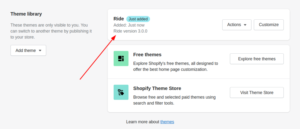 Shopify theme is added to store's theme library