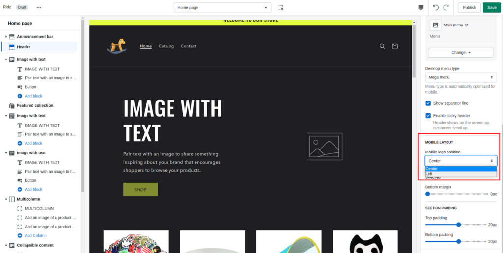 Select the Mobile logo position