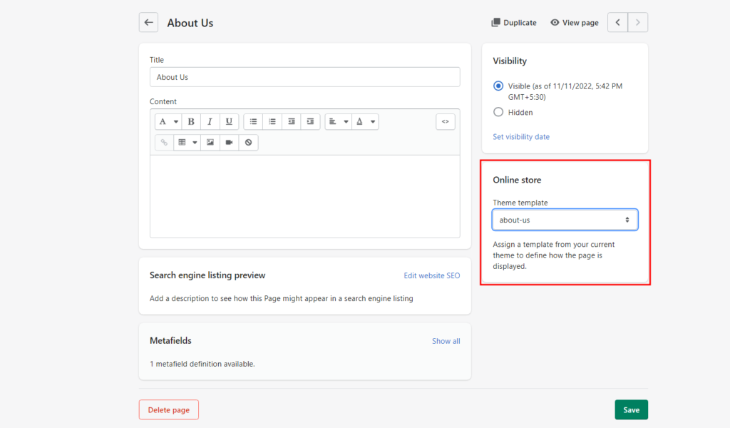 Connect the Shopify about us template manually to the page