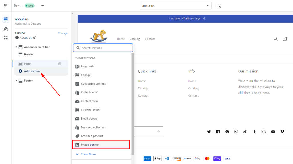 Adding sections to About us page templates