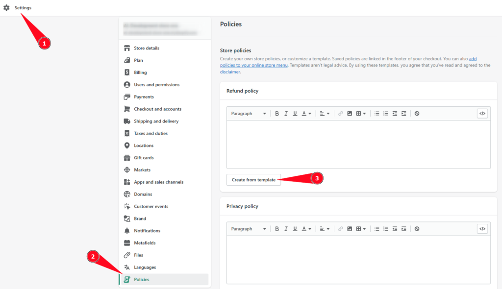 Using policy templates in Shopify Admin