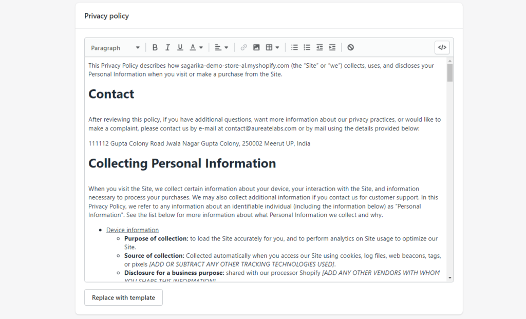 Shopify store privacy policy with california consumer privacy act