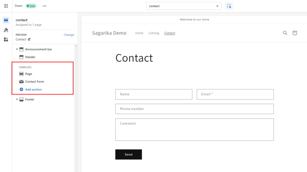 Open the contact page template using the dropdown menu