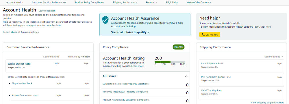 Amazon Account Health Dashboard in Seller Central