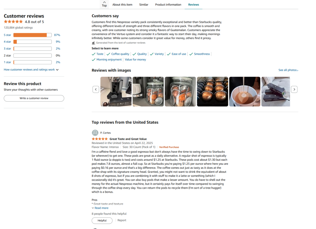 Amazon Customer Reviews, Ratings & Response Management by Nespresso - Successful Amazon Brand Showcase