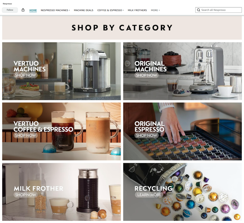 Navigation & categorization on Nespresso’s Amazon Brand Storefront
