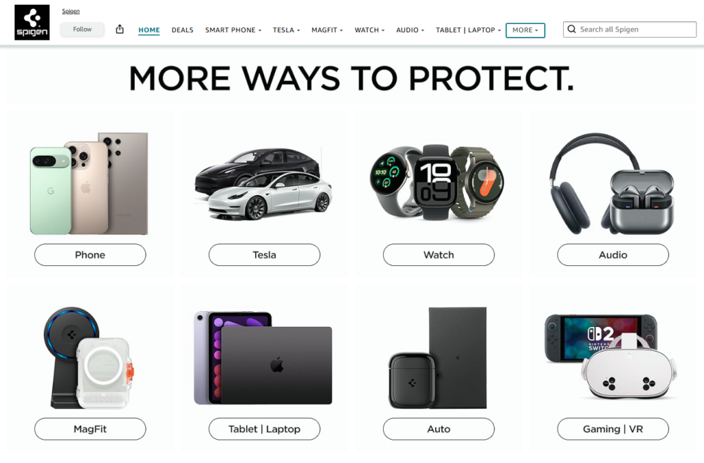 visual design on Spigen’s Amazon Brand Storefront