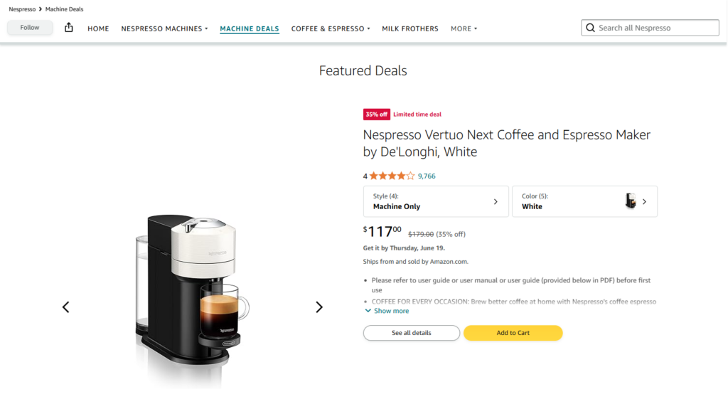 offers & discounts on product detail page of Nespresso - Successful Amazon Brand Showcase
