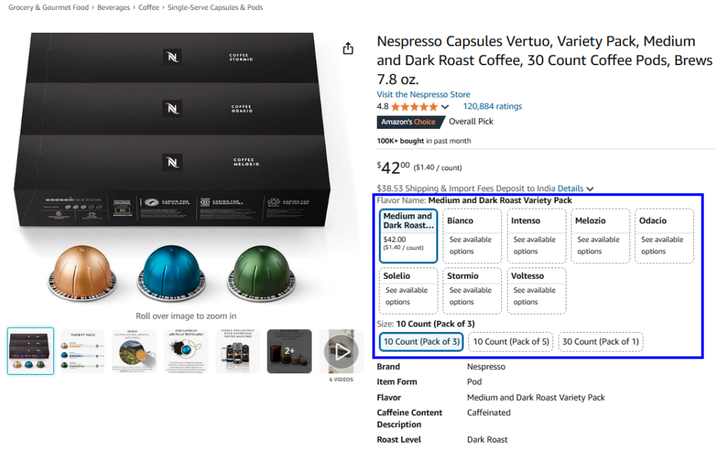 product variants on product detail page of Nespresso - Successful Amazon Brand Showcase