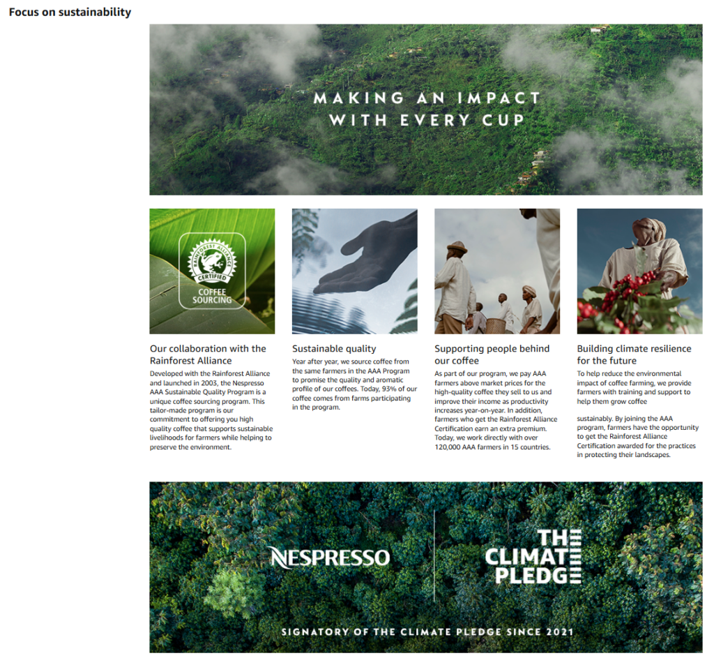 trust factors on product detail page of Nespresso - Successful Amazon Brand Showcase