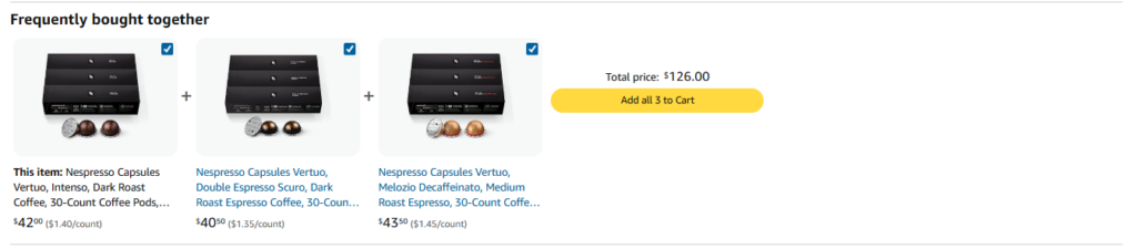 upselling & cross selling on product detail page of Nespresso - Successful Amazon Brand Showcase