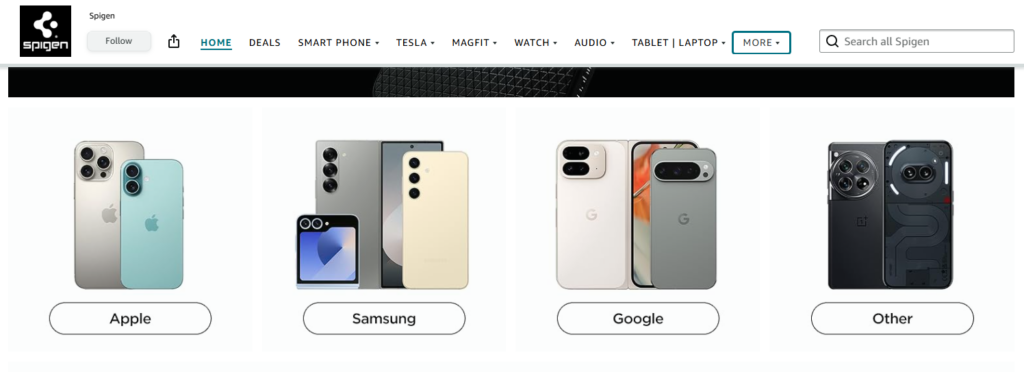 visual design on Spigen’s Amazon Brand Storefront