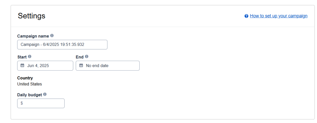 Amazon Ads campaign settings screen with options for budget, bidding strategy, and targeting
