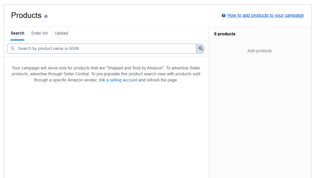 Amazon Ads interface showing product list selection during campaign creation
