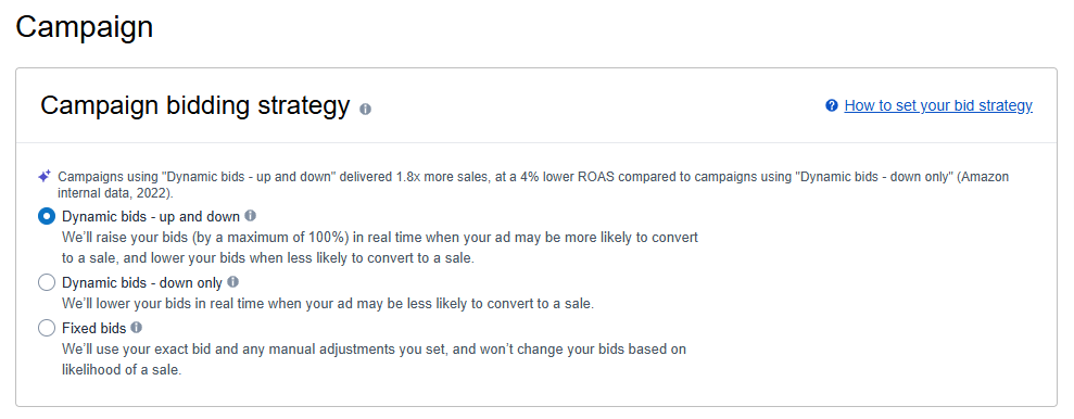 Amazon bidding strategy options screen showing dynamic, fixed, and rule-based bidding settings