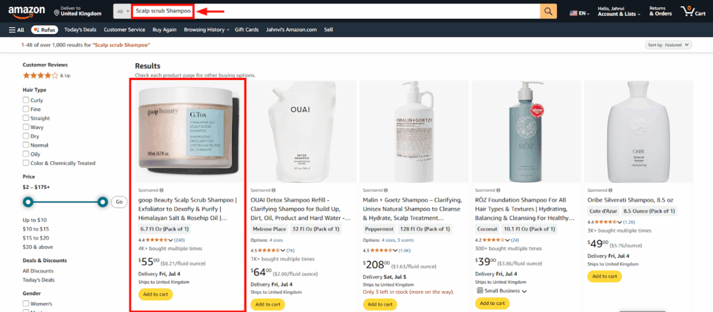 Amazon search results for Scalp scrub shampoo
