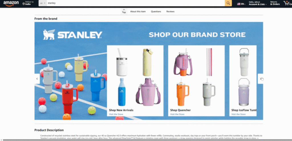 Brand storytelling section on Stanley’s Amazon Storefront featuring product range categories and “Who We Are”