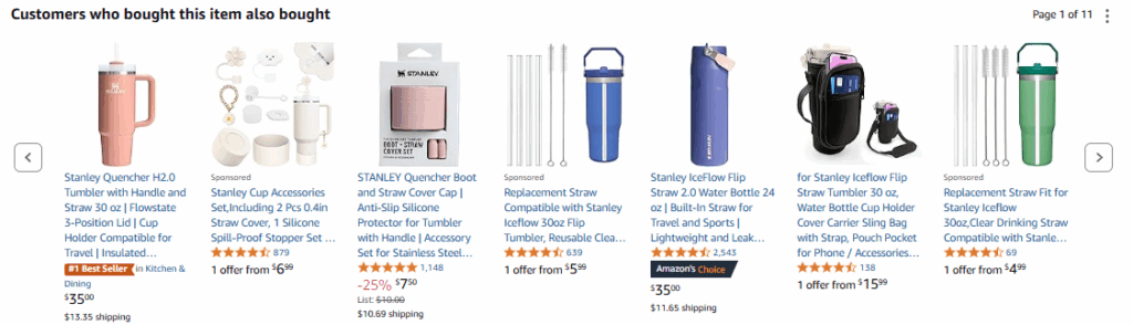 Cross-selling section on Stanley Amazon listing – “Also Bought” with curated Stanley-compatible products