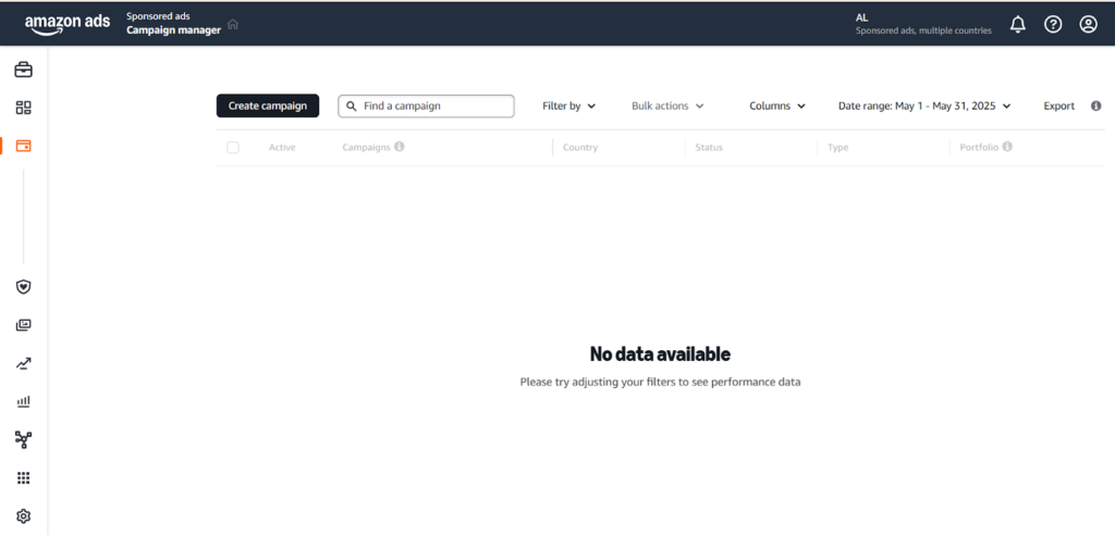 Amazon Seller Central dashboard highlighting the Campaign Manager navigation option