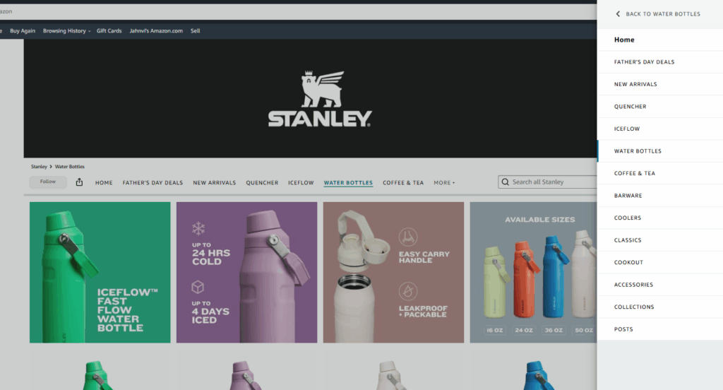 Navigation & Category Organization on Stanley's Amazon Brand Storefront