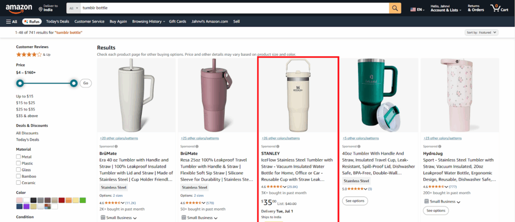Sponsored listing of Stanley’s IceFlow tumbler in Amazon search results for “Tumblr bottle”