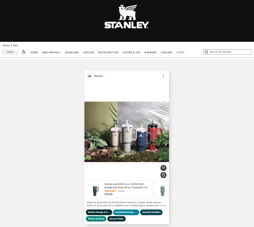 Stanley’s timeline post featuring Quencher tumblers in a leafy garden setting