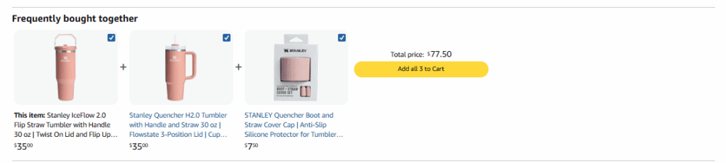Upselling combo on Stanley Amazon listing – “Frequently Bought Together” section with matching accessories