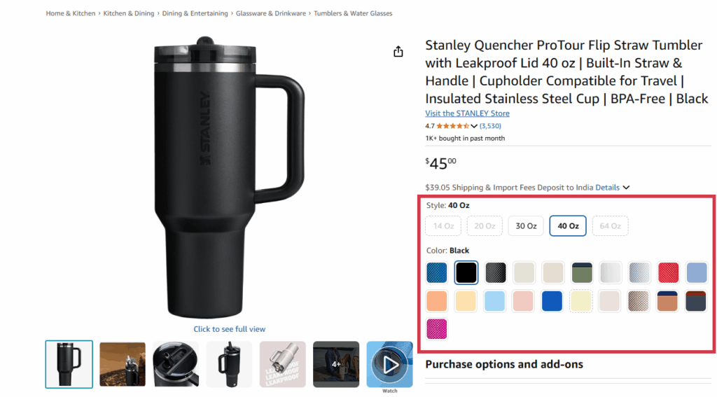 product variant section on Stanley Amazon product page – shows size and color swatches for quick selection