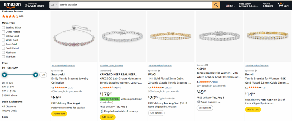 Amazon search results for tennis bracelet