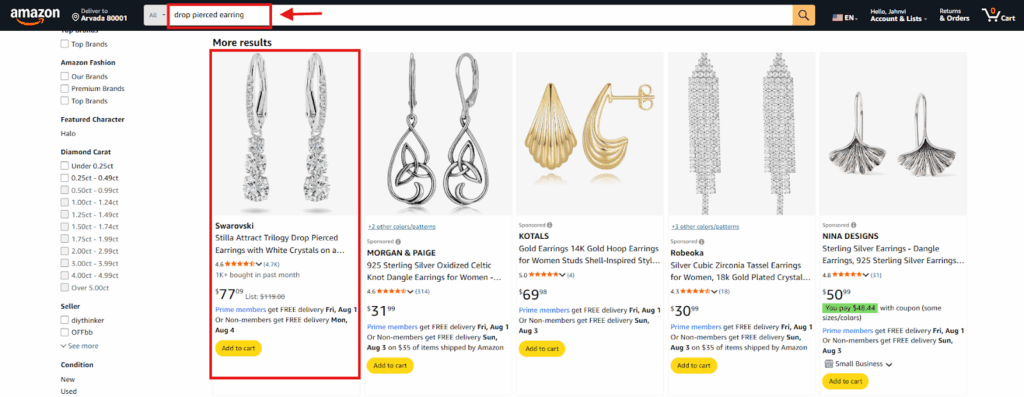 Amazon search results showing Swarovski earrings at the top for drop pierced earring