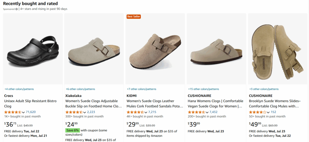 Amazon's "Recently bought and rated" section showing trending clogs