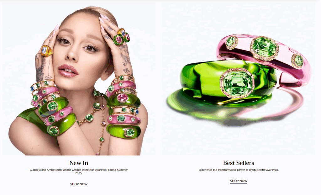 Ariana Grande campaign and crystal jewelry close-ups