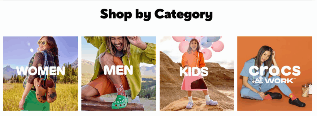 Crocs Amazon Storefront showing a “Shop by Category” section 