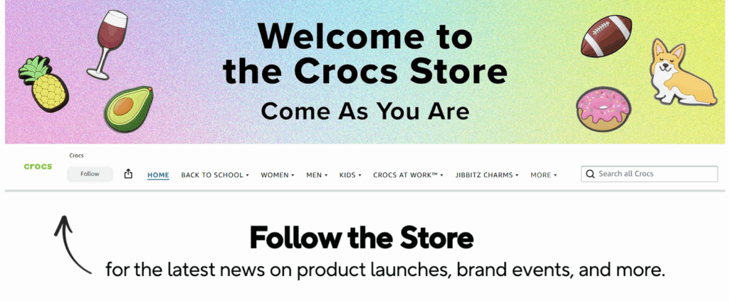 Crocs Amazon storefront header with rainbow background and playful illustrations