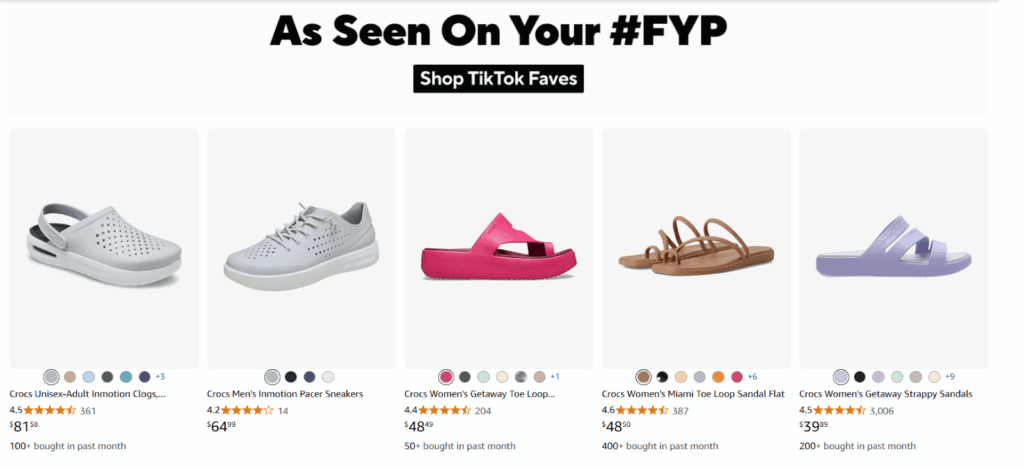 Crocs “As Seen On Your #FYP” section with a carousel of popular Crocs styles
