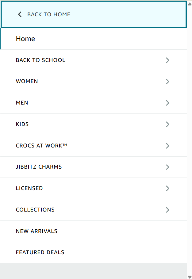 Crocs expanded menu displaying comprehensive categories