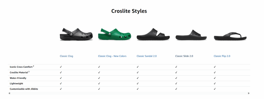 Crocs styles comparison chart