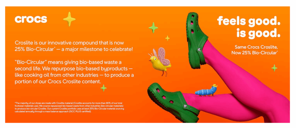 Crocs sustainability banner highlighting a broad range of eco-friendly efforts.