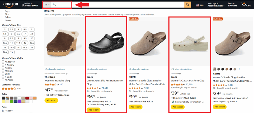 Crocs – Amazon Product Listing Search Results