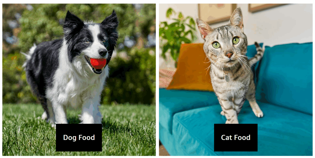 Navigation showing dog and cat food sections with lifestyle photography
