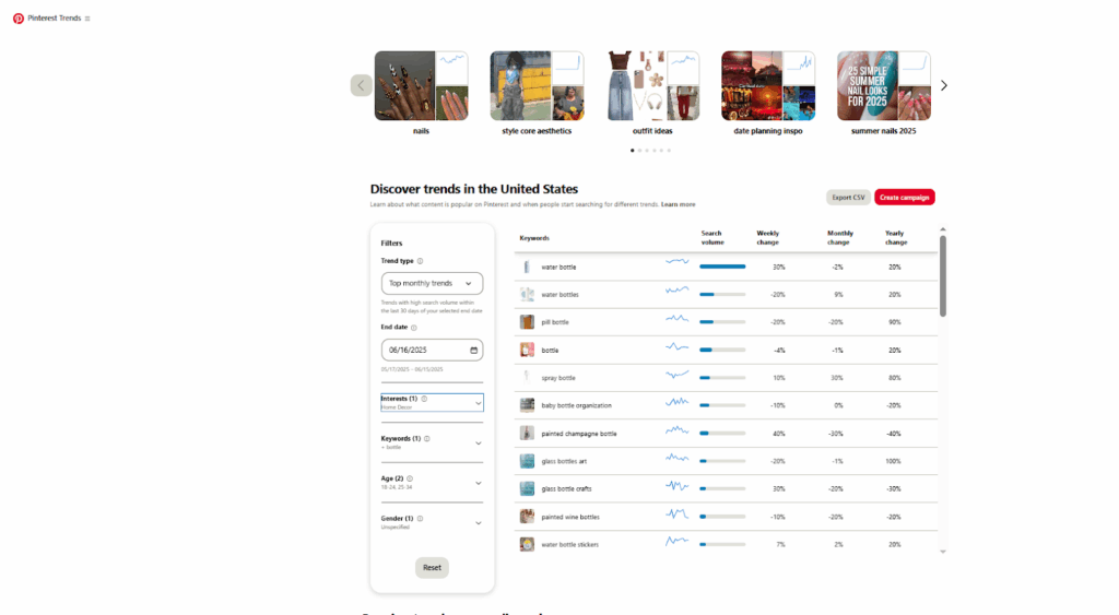 Pinterest Predicts tool displaying rising trends and keyword insights for 2025 marketing campaigns