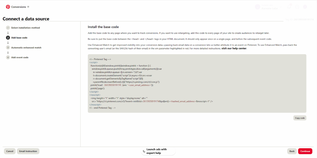Pinterest Tag setup screen for adding code to your website