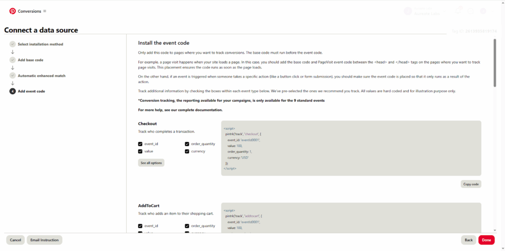 Pinterest Tag setup screen showing tracking options for website events like add to cart and purchase