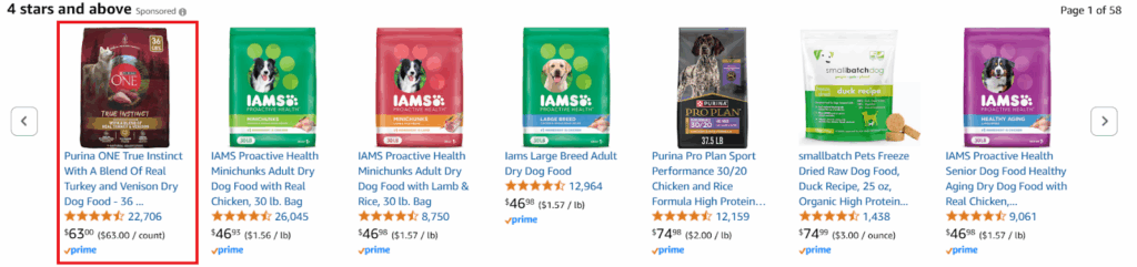 purina ONE Sponsored Ad beside IAMS listing on product detail page