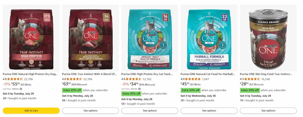 Purina ONE Subscribe & Save and discount badge