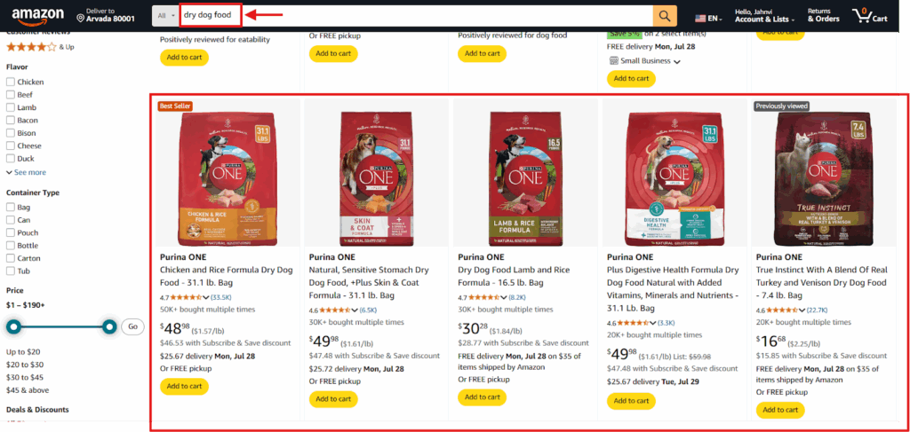 Purina ONE keyword ranking in Amazon Search Snippet