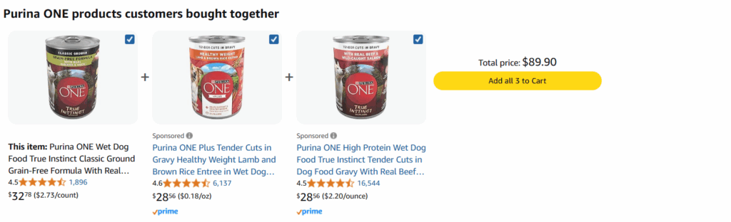 Purina ONE showing related pet food variants bought together