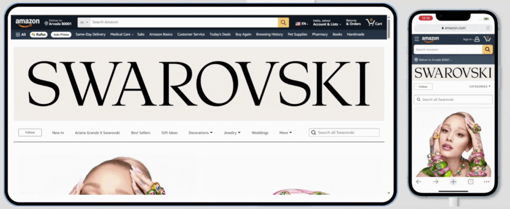 swarovski Amazon Storefront on desktop and mobile